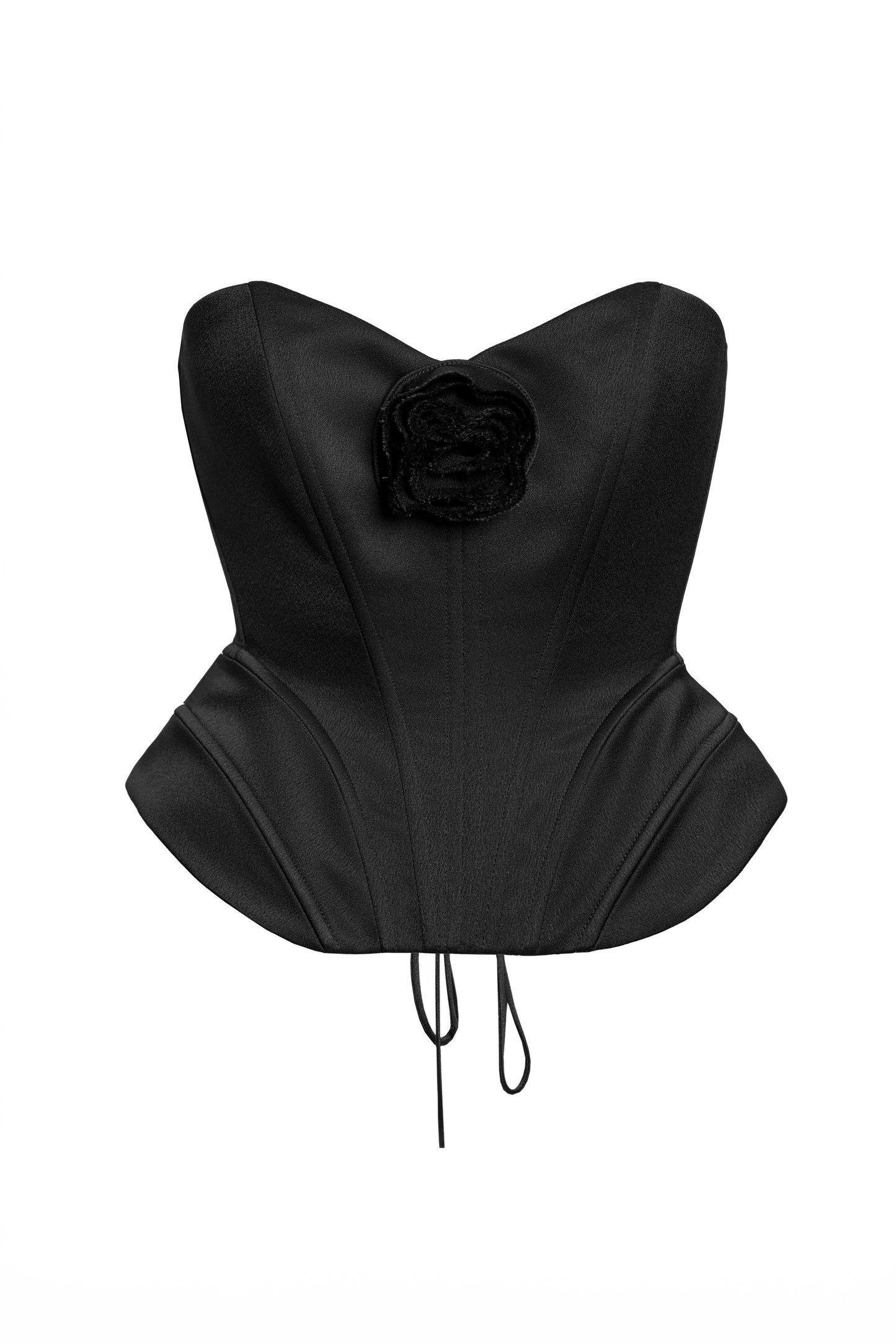 Sculptural black corset with handmade flower