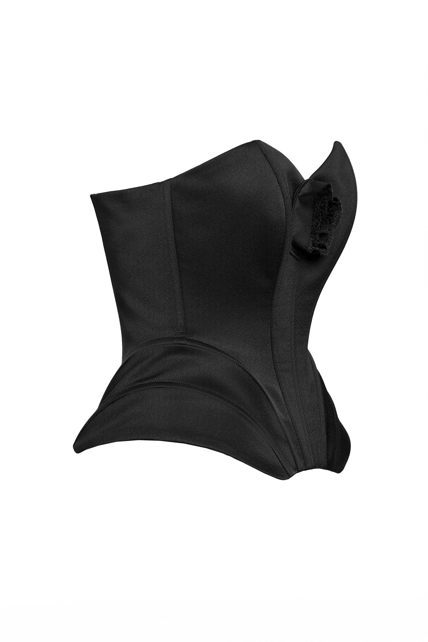 Sculptural black corset with handmade flower