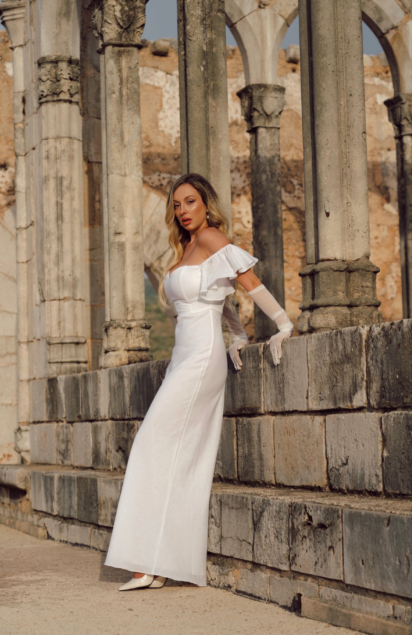 White linen midi dress