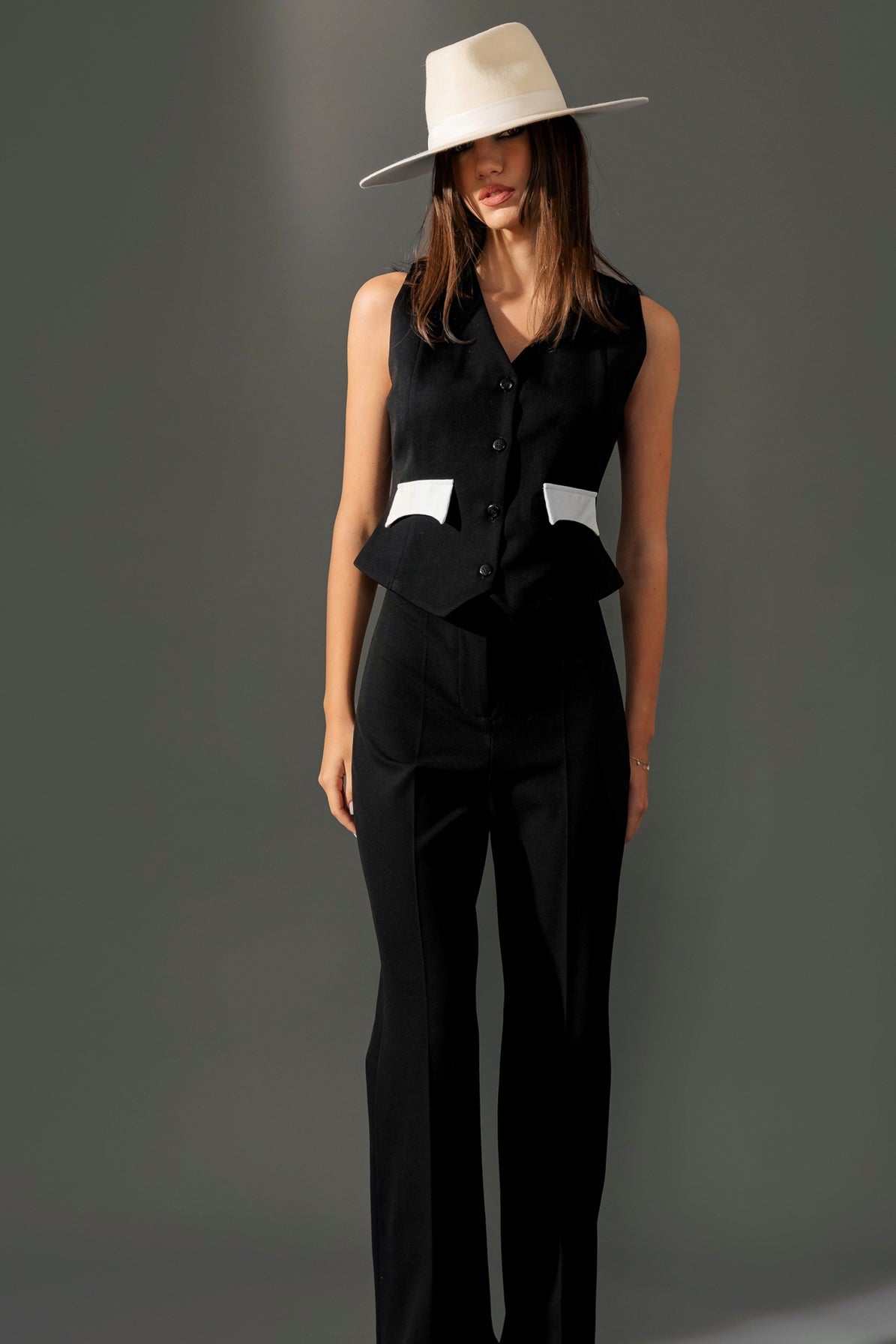 Wool-blend black and white suit