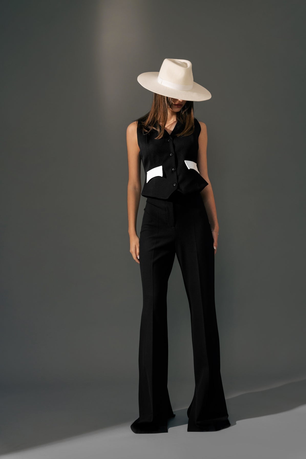 Wool-blend black and white suit