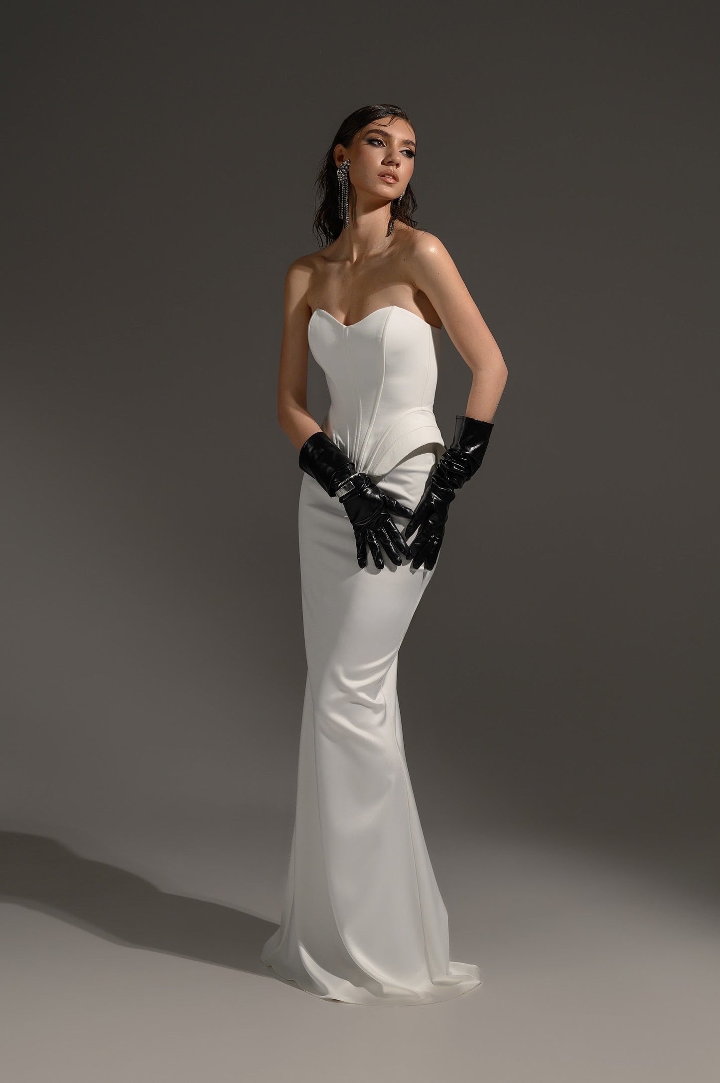 White Corset with Structured Details and Maxi Skirt