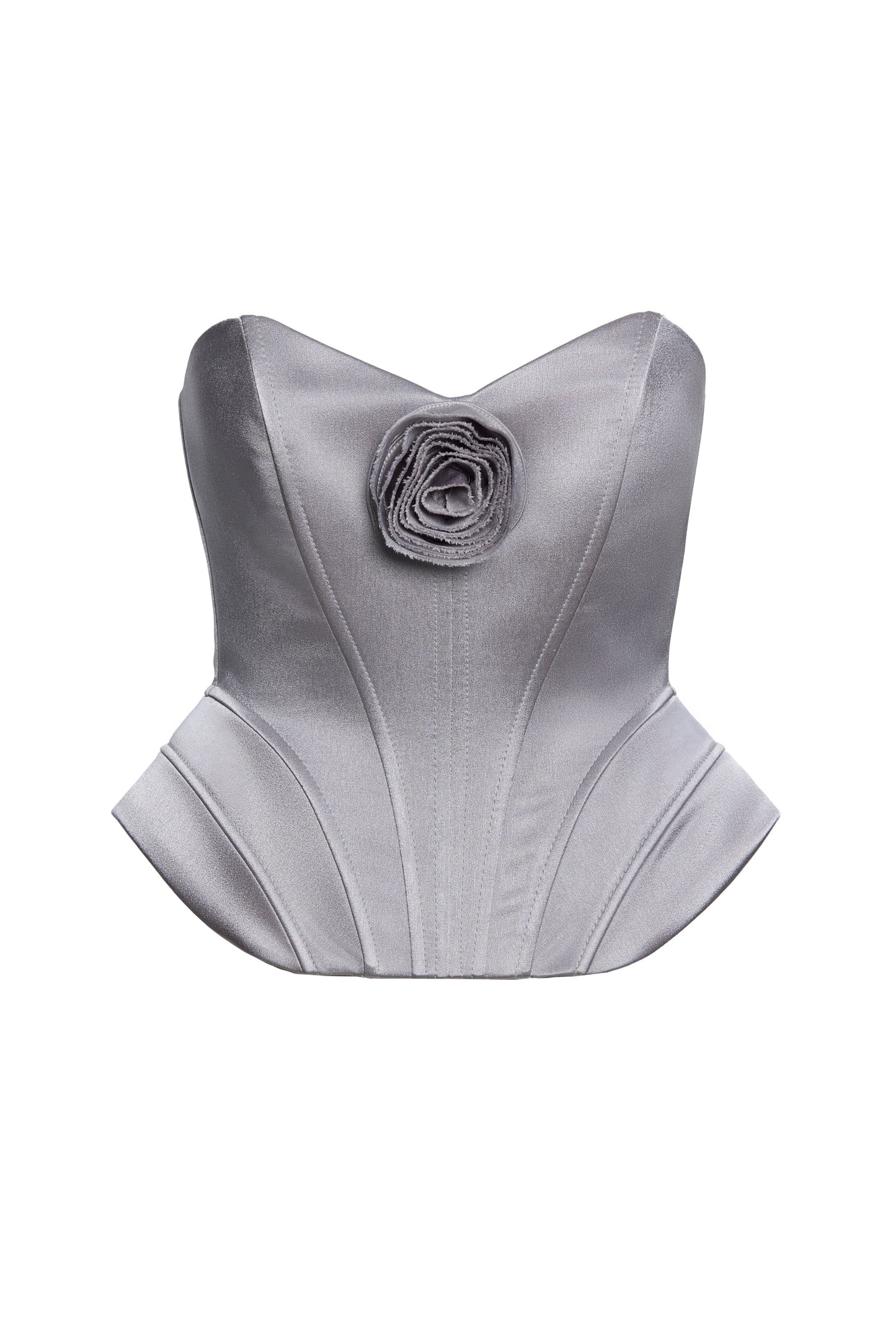 Sculptural silver grey corset with handmade flower