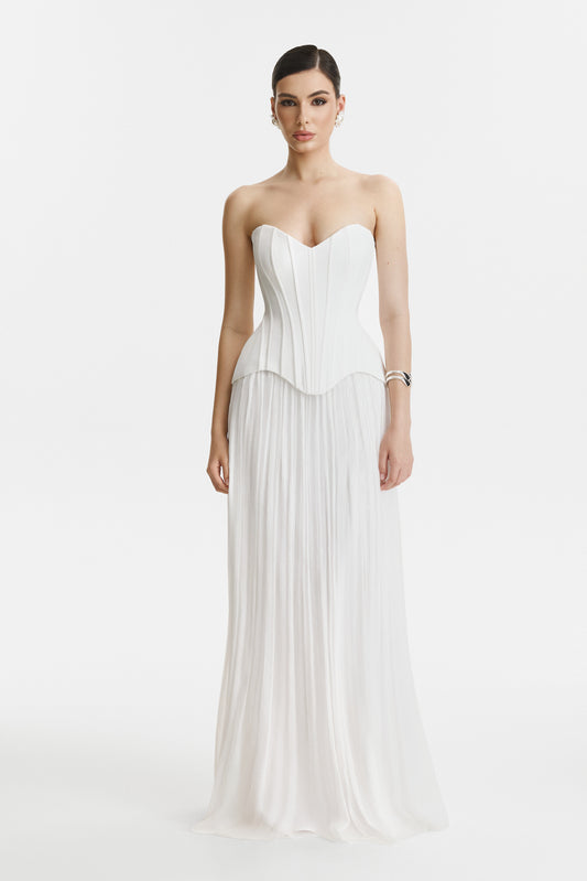 Corset alb structurat si fusta din matase