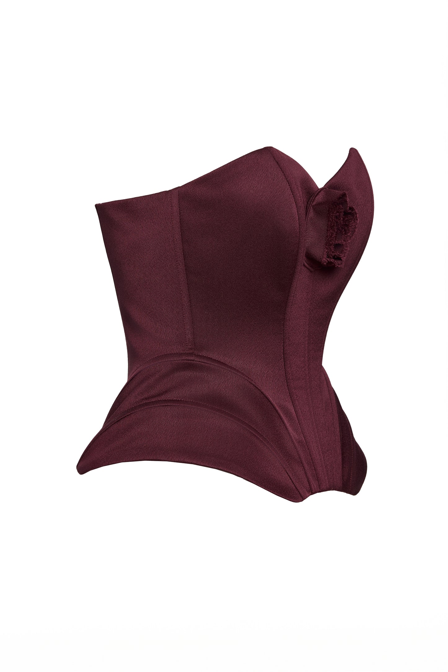 Sculptural burgundy corset with handmade flower